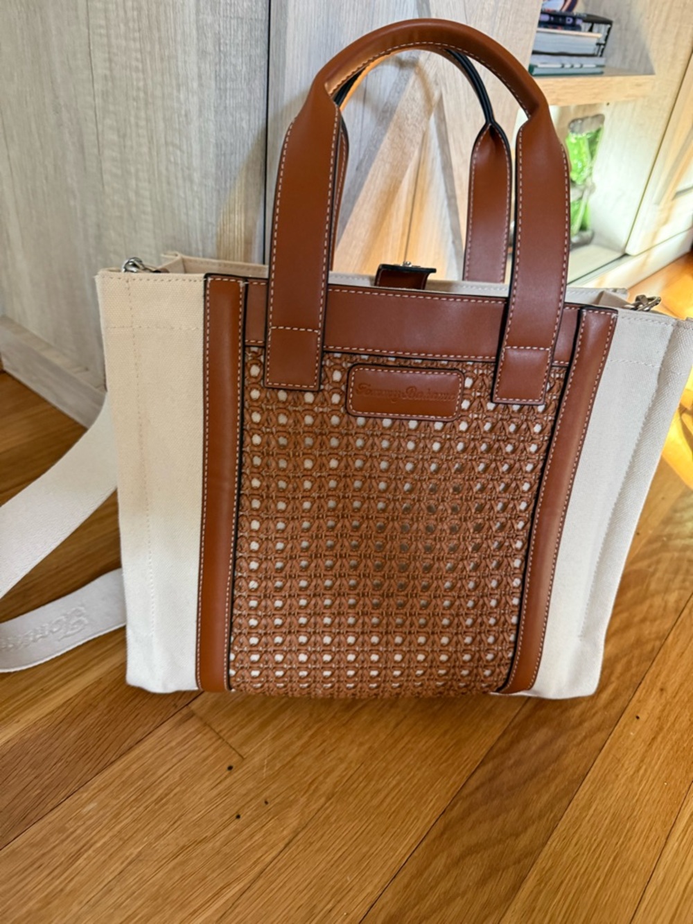 Tommy Bahama Cream Canvas Tote with Brown Woven Front Panel